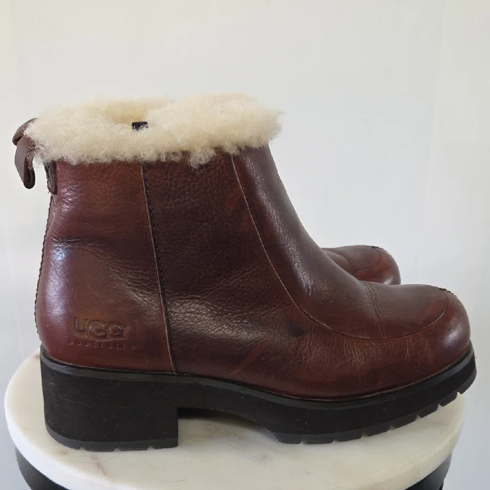 UGG Chestnut Leather Winter Boots with Shearling Size 8 - Picture 3 of 8